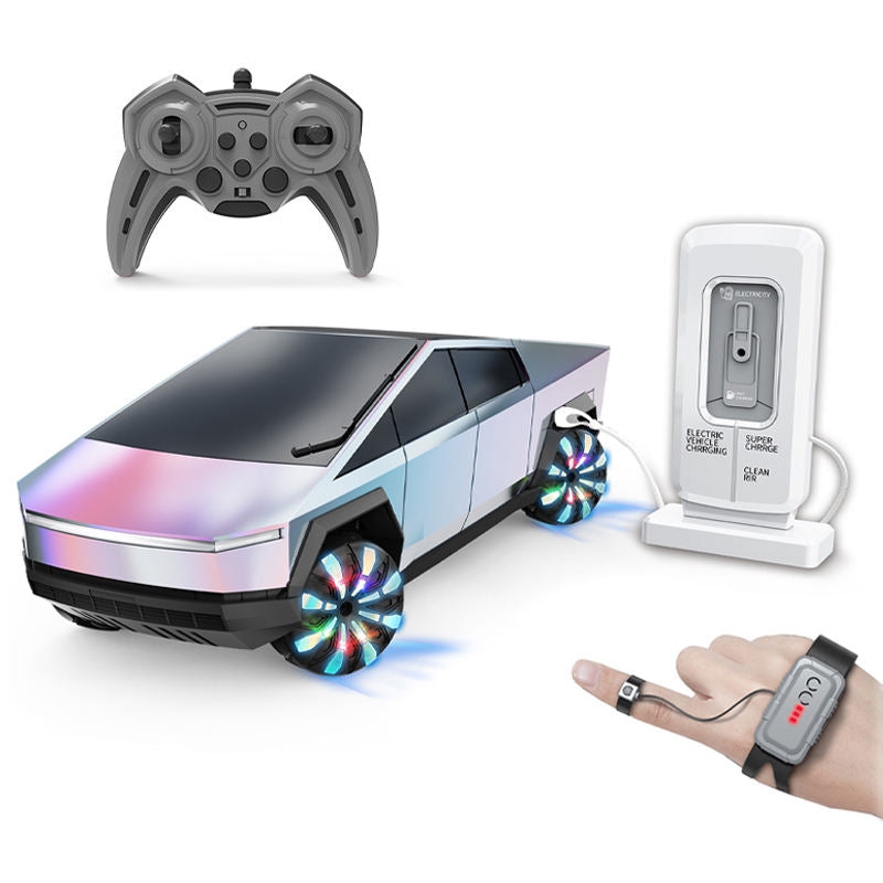 Toy car with remote control and charging station on a white background