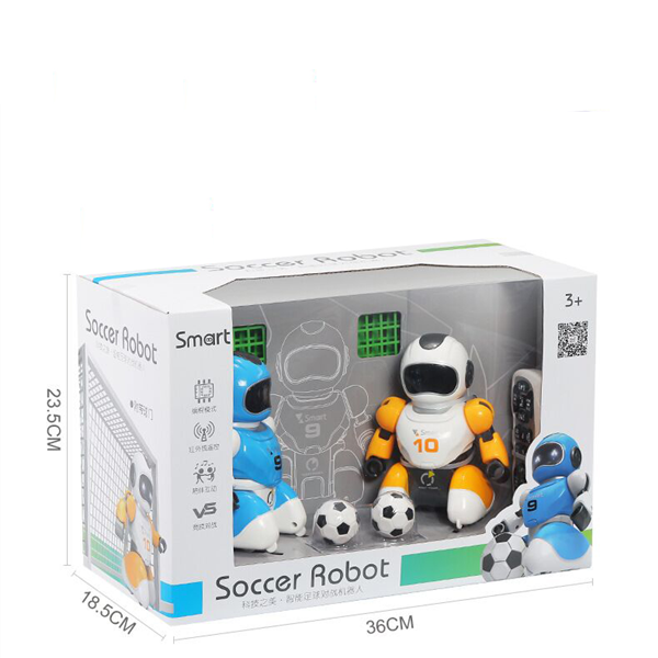 Soccer robot toy in packaging with dimensions and branding details.