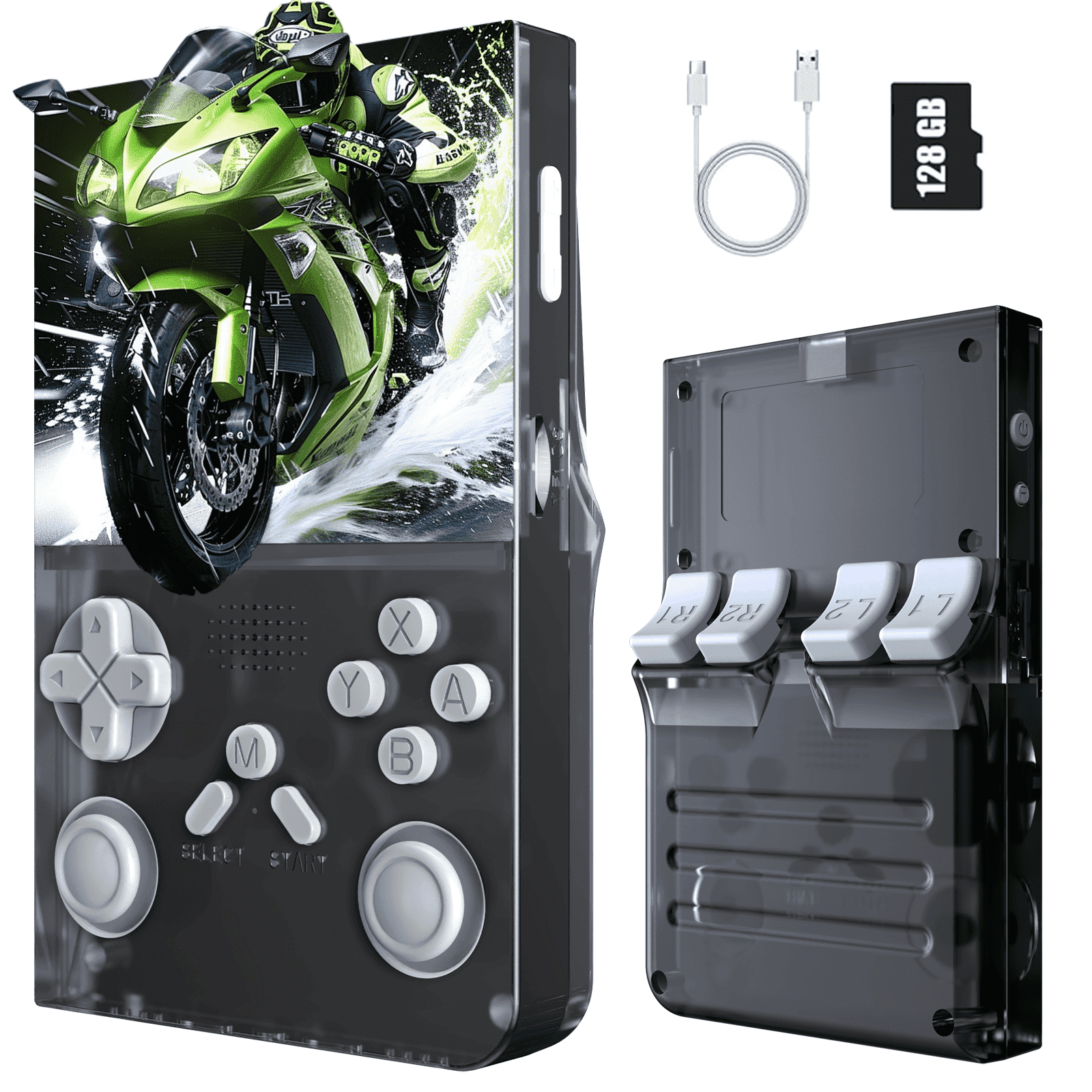 Black handheld gaming console with controller, cable, and memory card on a white background