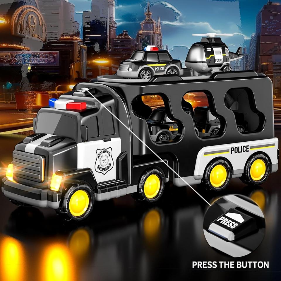 5 in 1 Inertial Double-deck Police Vehicle Toy Toddler Friction Power Transport Truck Police Carrier Truck Toy with Lights Music