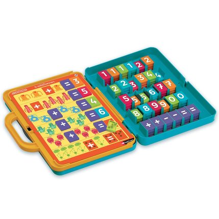 Colorful educational toy with numbers and mathematical symbols on a white background