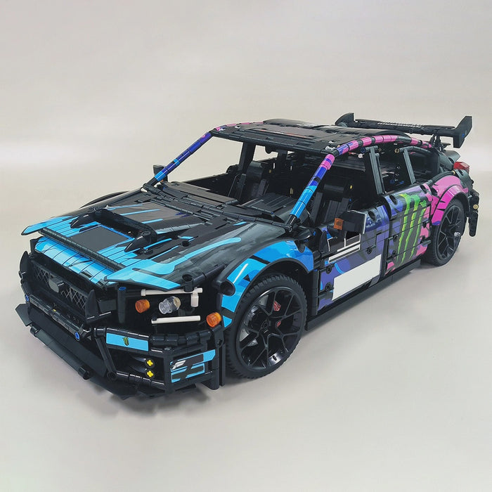 Toy car model with colorful design on a light gray background