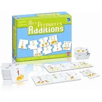 Educational math game with cards and packaging on a white background