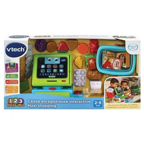 Vtech toy cash register packaging with colorful display and children using the toy.