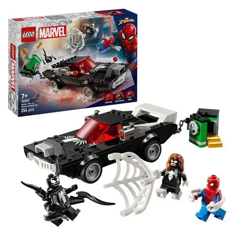 LEGO Marvel Spider-Man set with vehicle, characters, and packaging on a white background