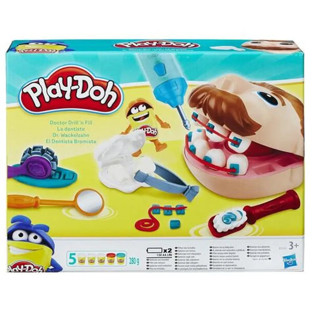 Play-Doh Dentist Drill and Fill toy set packaging with characters and tools on a white background