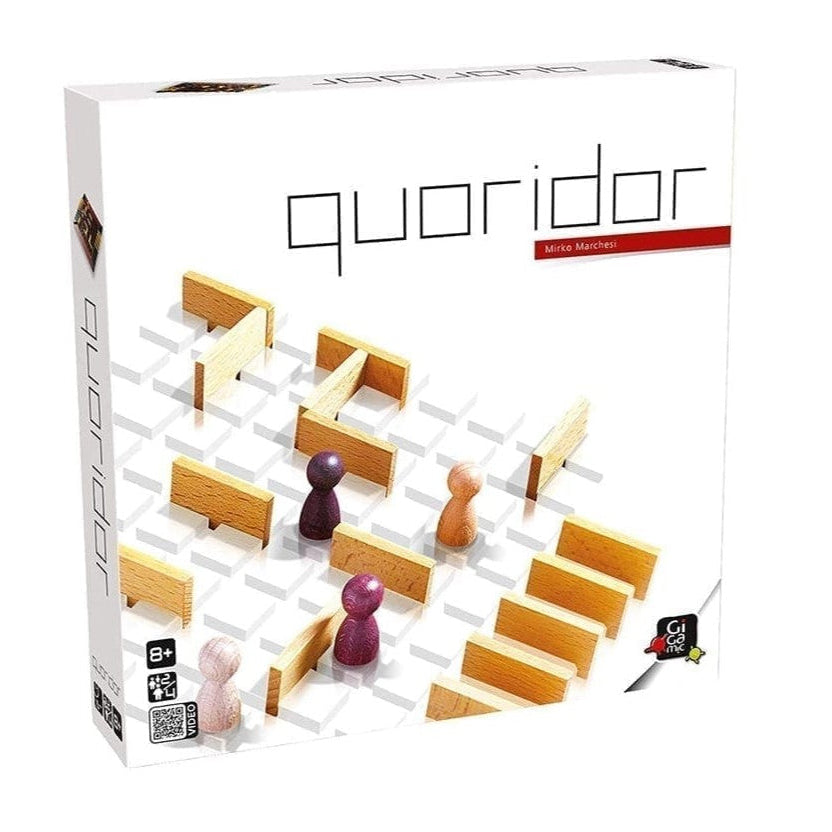 Quoridor board game packaging with wooden pieces and figures on a white background