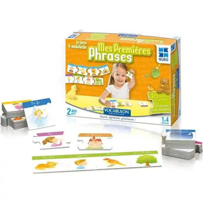 Educational children's learning set with cards and packaging on a white background
