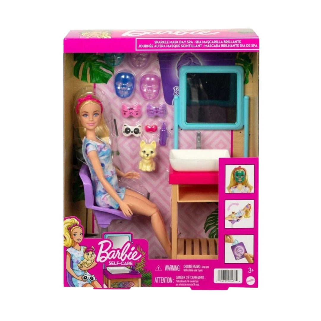 Barbie self-care toy set packaging with doll and accessories