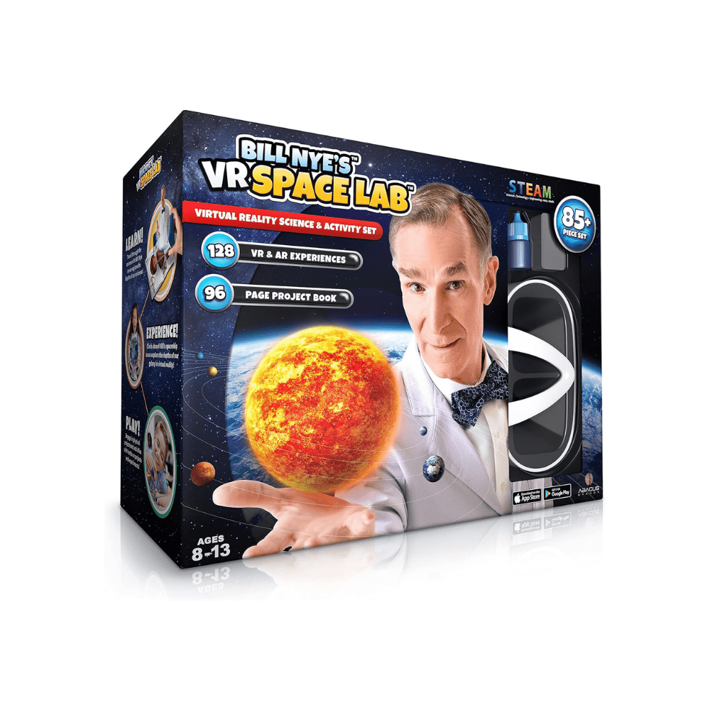 Box of Bill Nye's VR Space Lab with a depiction of the sun and a person holding it.
