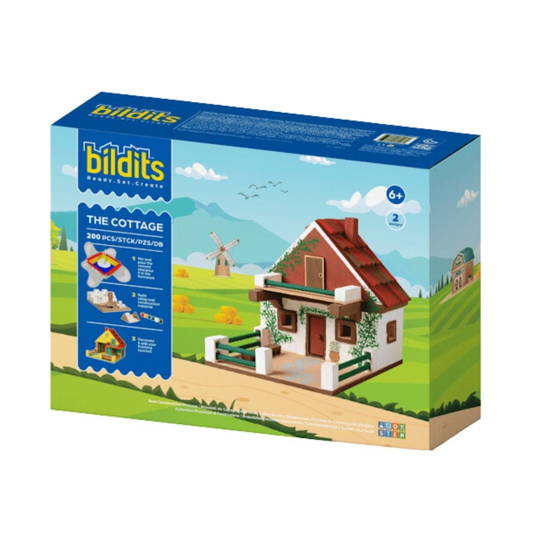 Bildits toy building set packaging for 'The Cottage' on a white background