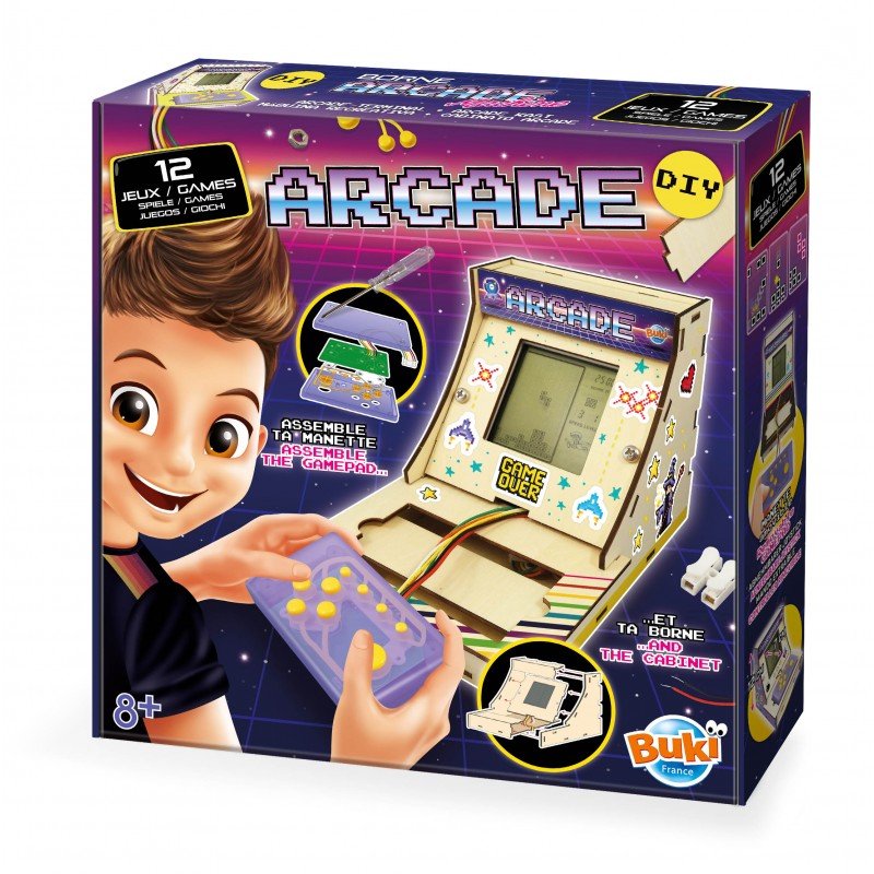 Boxed toy arcade game set with a child holding a handheld device, featuring Buki branding.