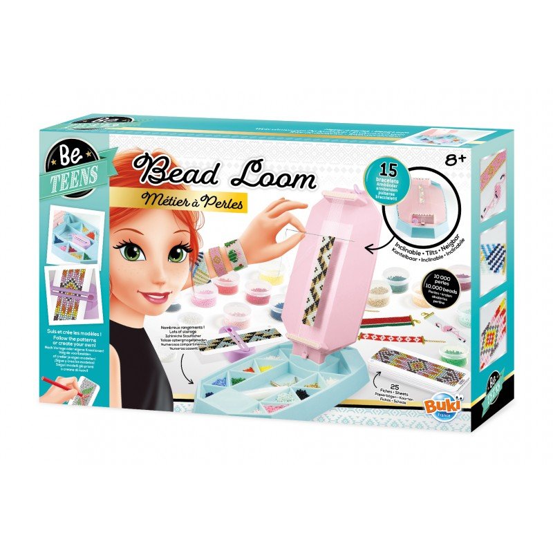Bead loom kit packaging with a pink loom and colorful illustrations on a white background