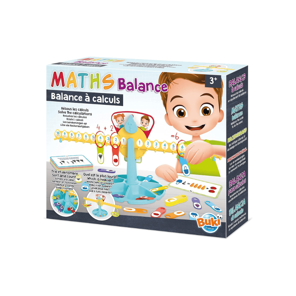 Maths Balance educational toy packaging with a child illustration on a white background