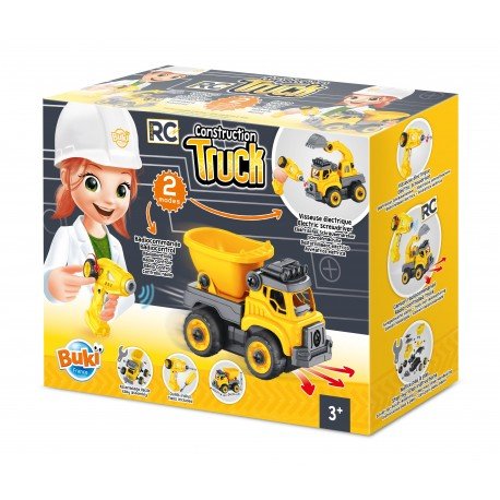 Toy truck packaging with a child character and RC construction truck text on a yellow and black box.