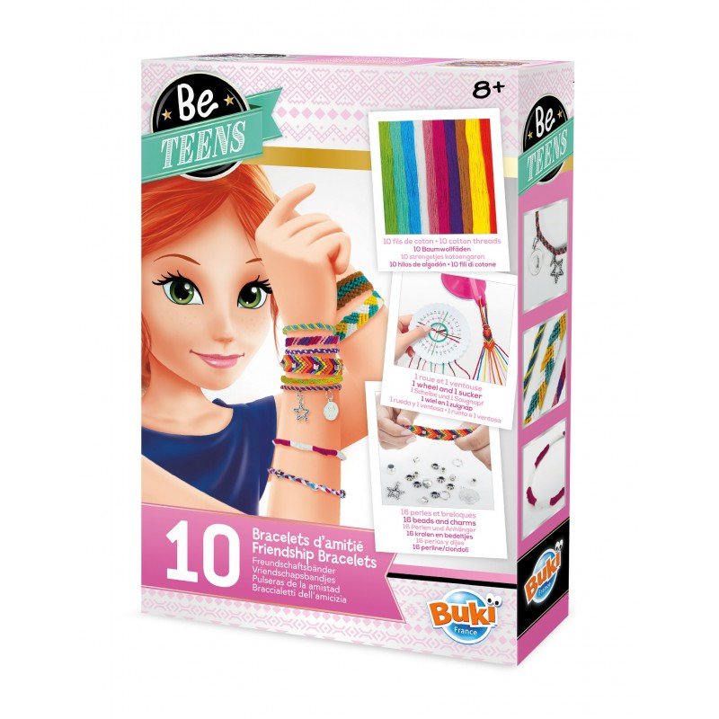Box of Buki bracelet-making kit for teens with colorful bracelets and packaging design.