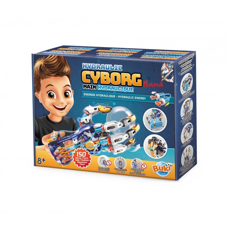 Box of a toy set with a child holding a cyborg hand toy on a white background