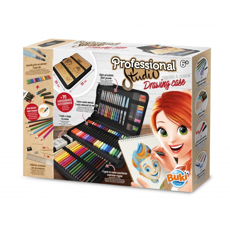 Box of a professional drawing case with colorful art supplies and a cartoon character on a white background.