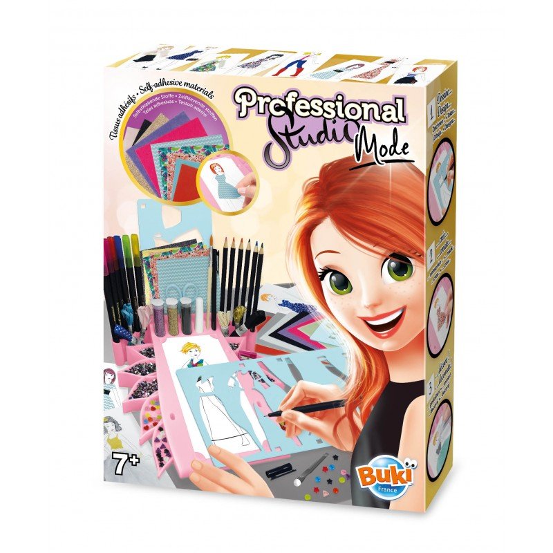 Box of a craft kit with a girl drawing, featuring the brand 'Buki'.