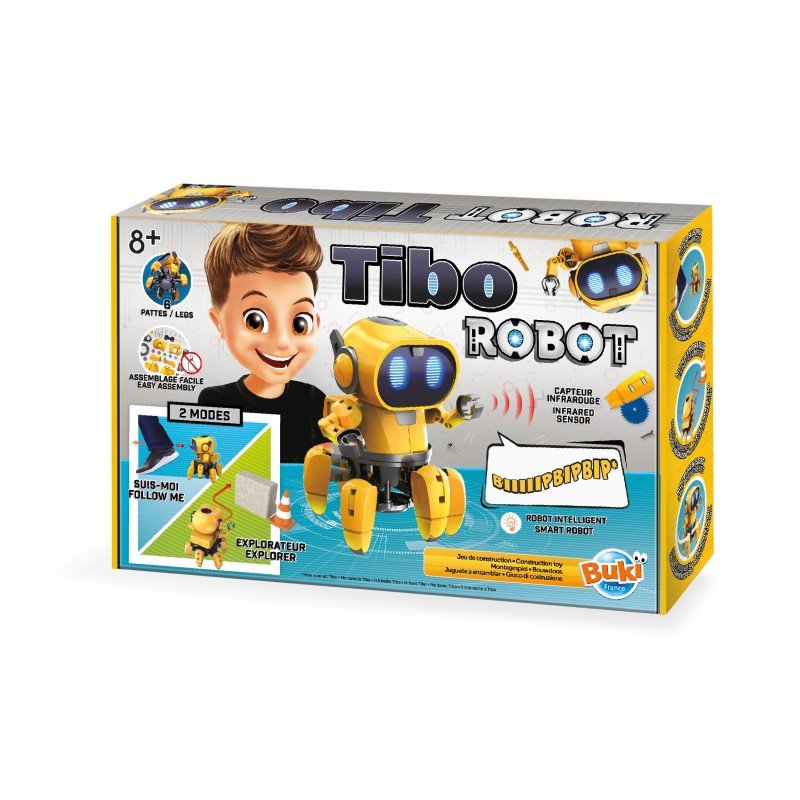 Tibo Robot toy packaging with a child's face and robot illustration on a white background