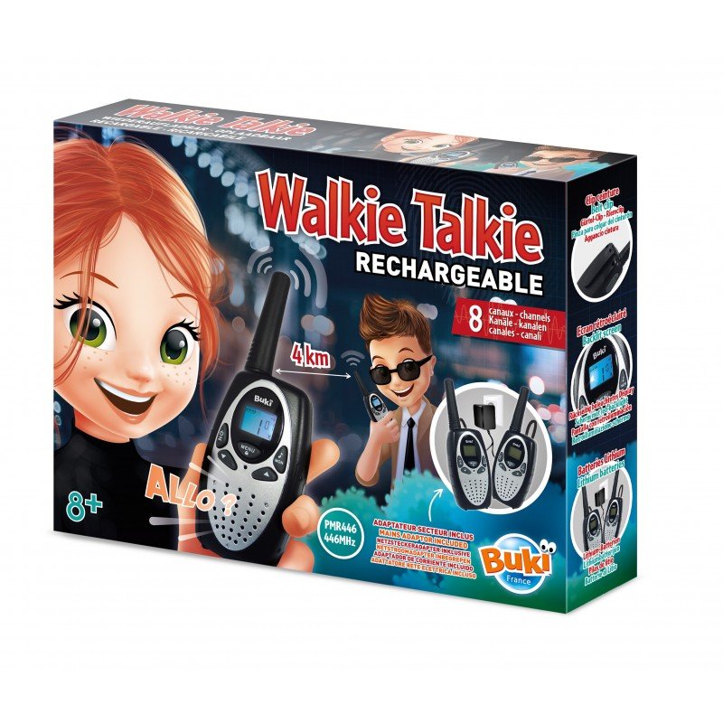 Box of rechargeable walkie talkies with cartoon characters on a white background