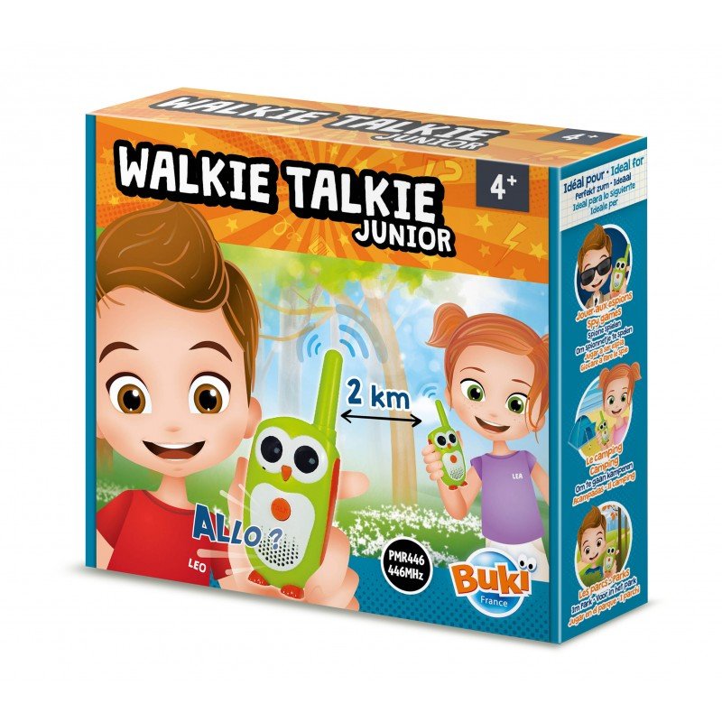 Box of Walkie Talkie Junior toy with cartoon characters and product details.