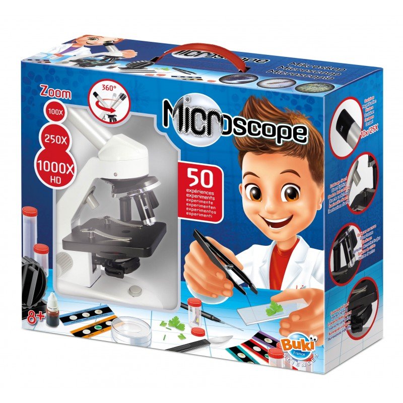 Box of a toy microscope with a child scientist illustration on a white background