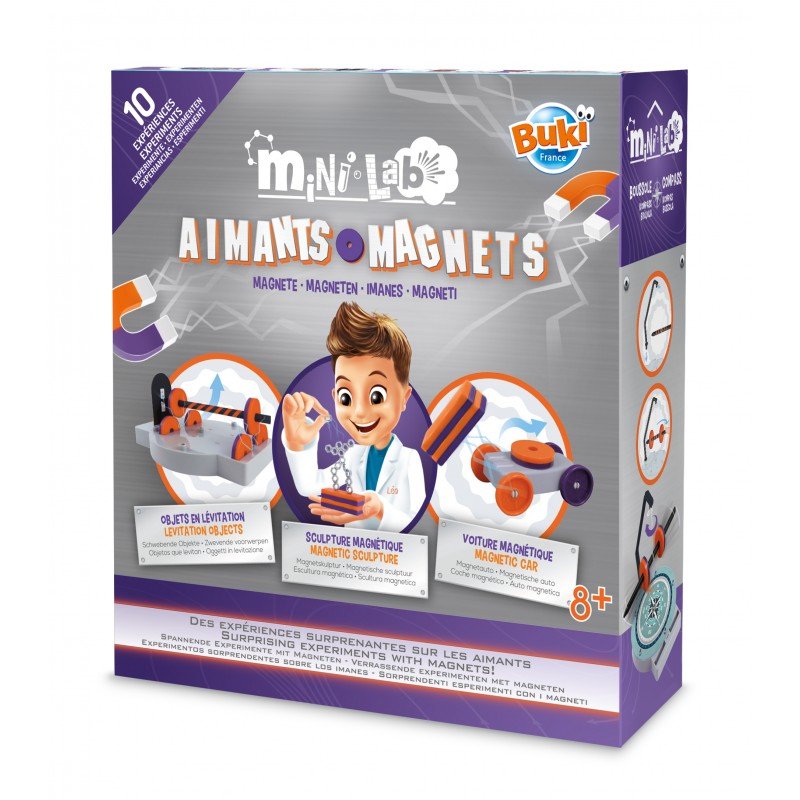 Buki Mini Labs magnets kit packaging with a child scientist illustration on a white background