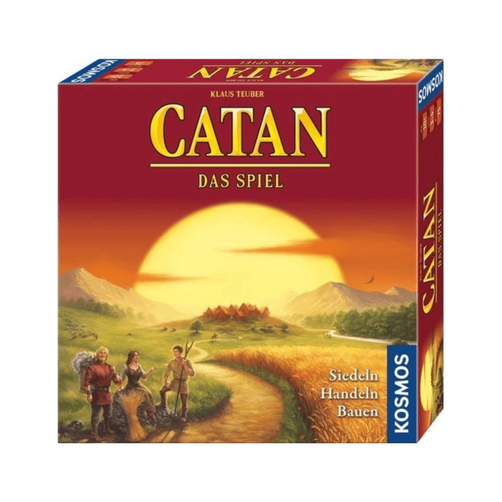 Board game box for 'Catan' with a sunset and landscape design on a white background