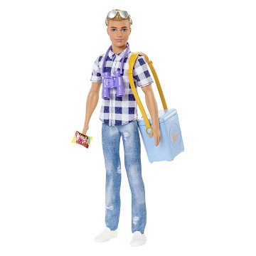 Barbie doll with checkered shirt, jeans, and backpack on a white background