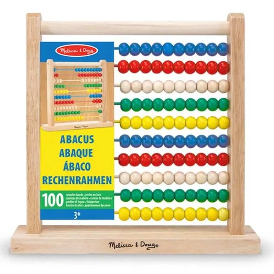 Wooden abacus with colorful beads on a white background, featuring Melissa & Doug branding.