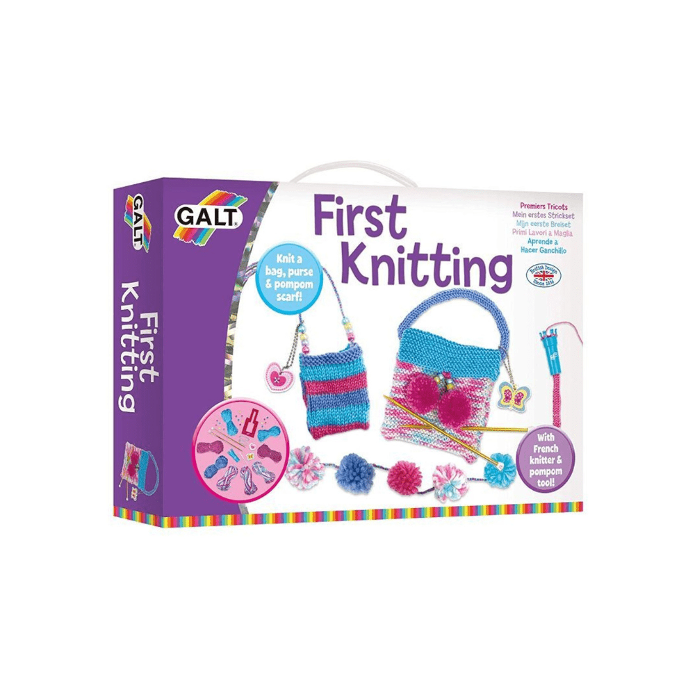 Galt First Knitting kit packaging with yarn and knitting needles on a white background