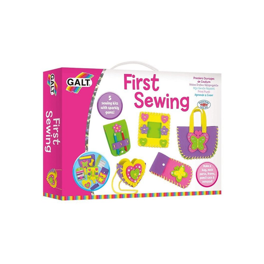Galt First Sewing kit packaging with colorful sewing projects on a white background