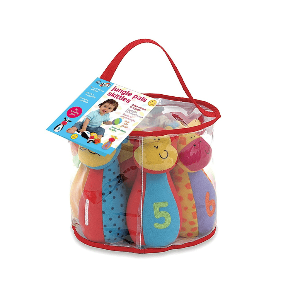 Colorful toy set with numbers in a clear bag on a white background
