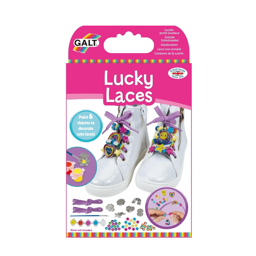 Galt Lucky Laces craft kit packaging with shoes and charms on a white background