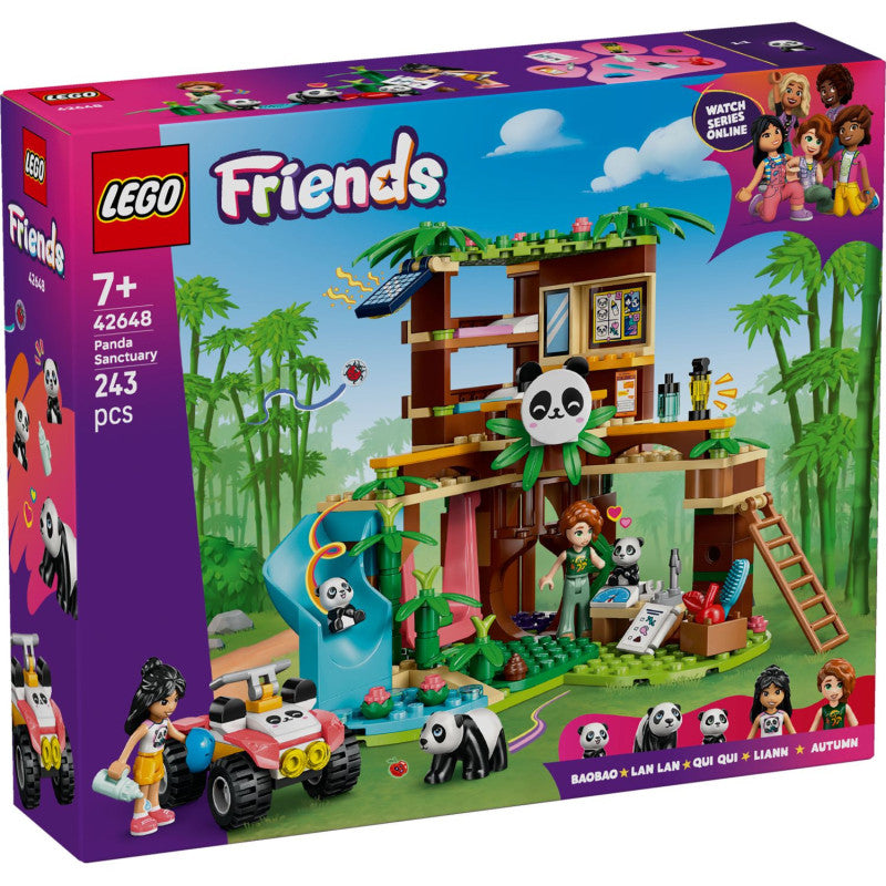 LEGO Friends Panda Sanctuary set packaging with characters and panda figures.