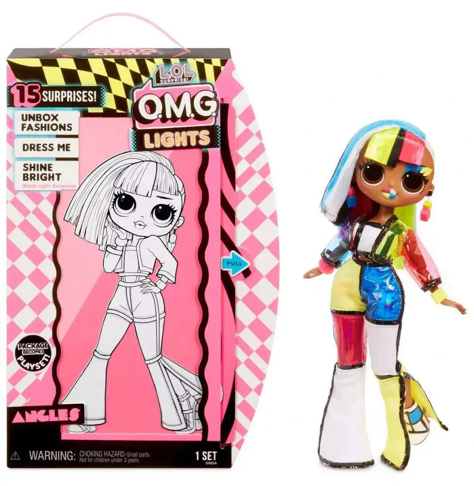 Colorful doll with multicolored hair next to its packaging