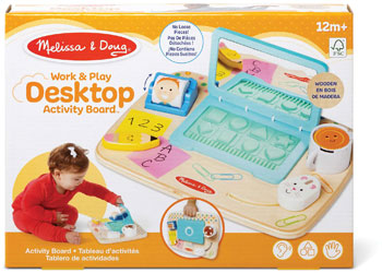 Melissa & Doug work & play desktop activity board packaging with child playing on a yellow background