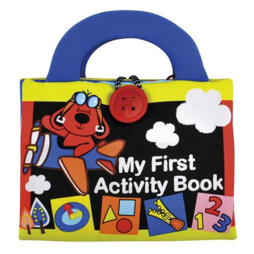 Children's activity book with colorful design and text 'My First Activity Book' on a white background