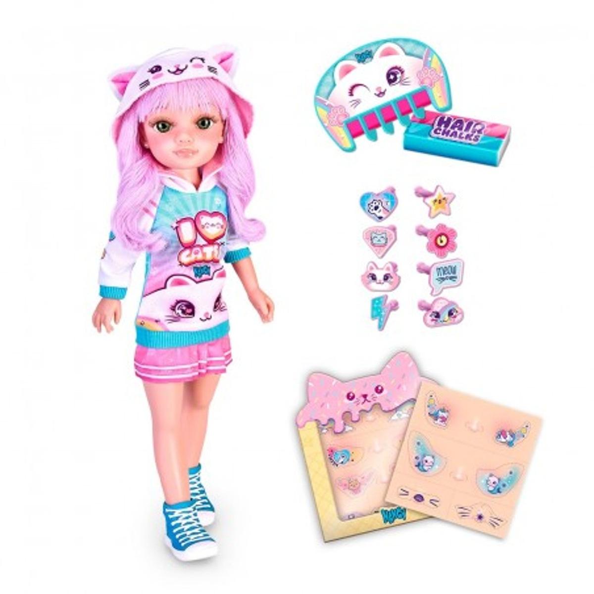 Toy doll with pink hair and cat ears, surrounded by accessories on a white background