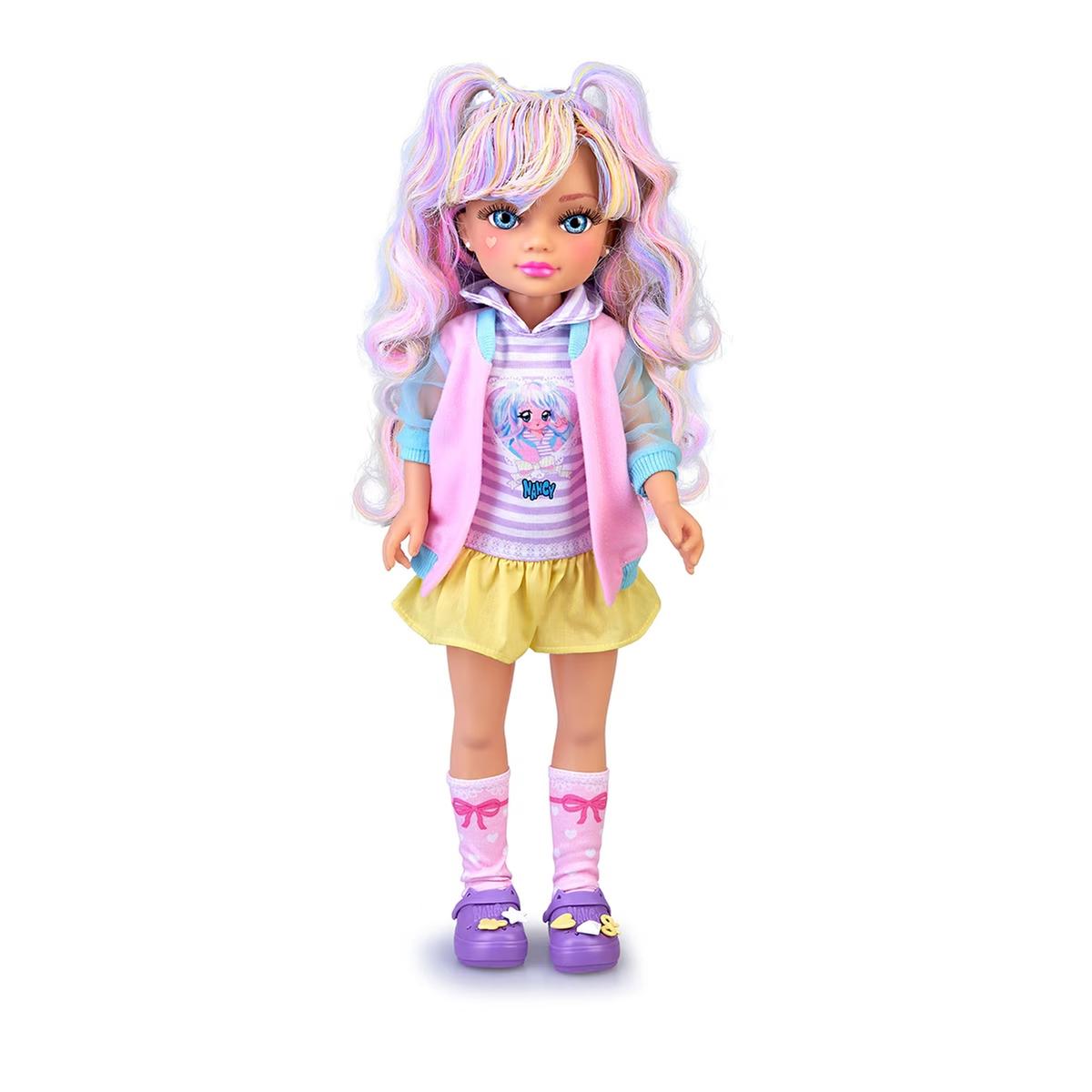 Doll with pastel hair and colorful outfit on a white background