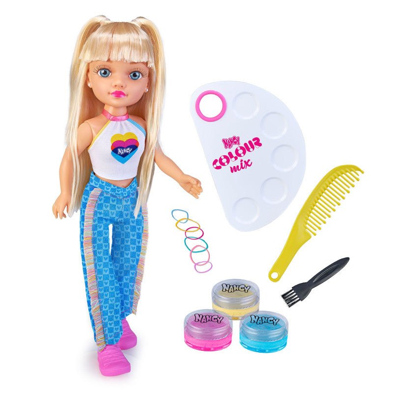 Doll with hair coloring accessories on a white background