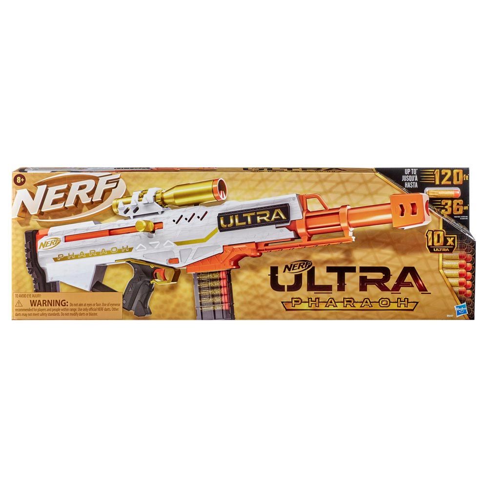 Nerf Ultra Pharaoh toy blaster packaging on a white background