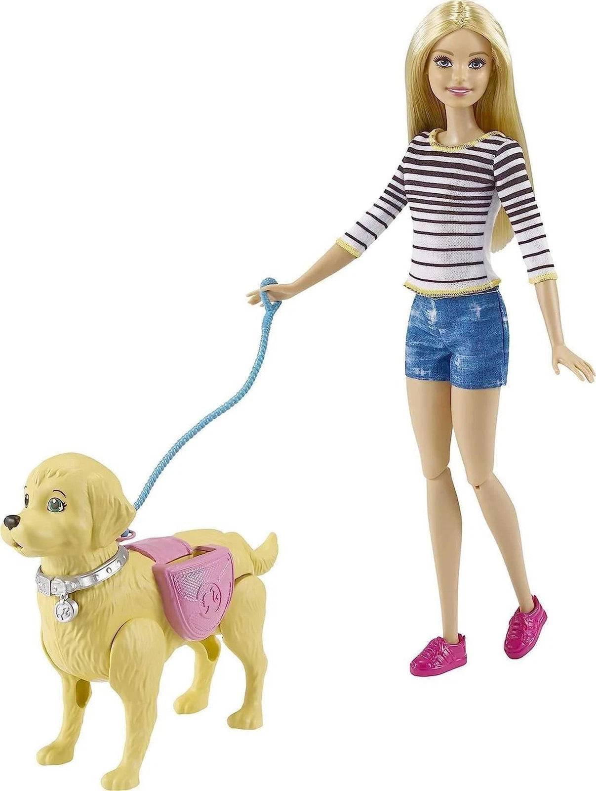 Barbie doll with a dog on a leash against a white background