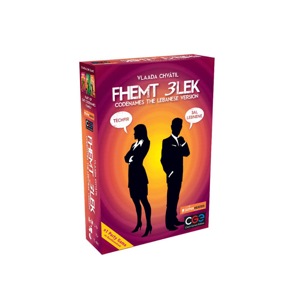 Board game box for 'Fhemt 3lek' with silhouettes of a man and woman on a purple and orange background.