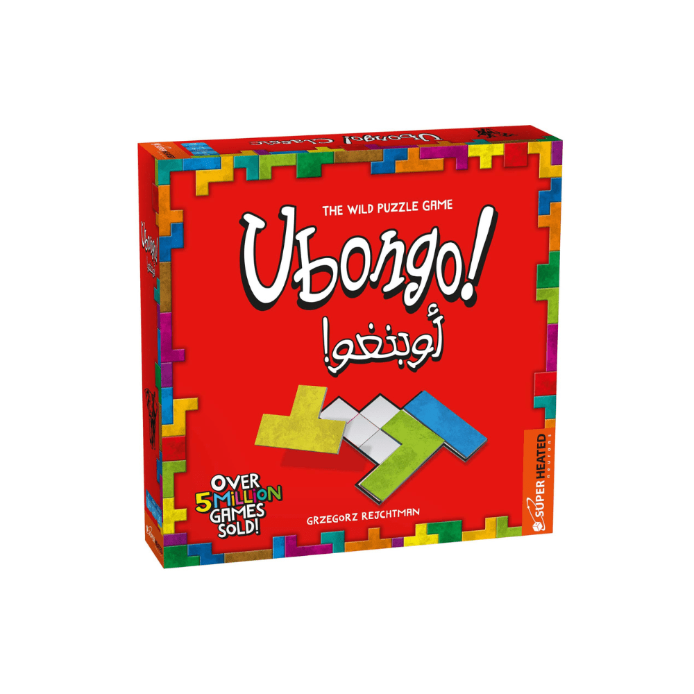 Ubongo! board game box with colorful puzzle pieces on a white background